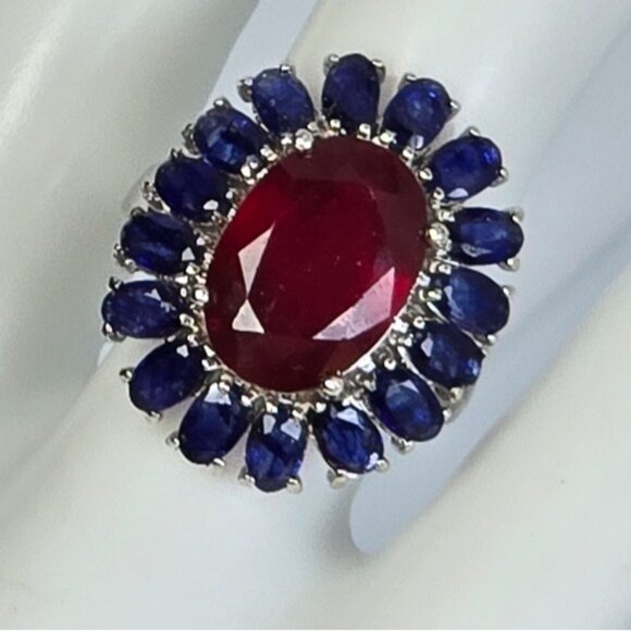 925 Sterling Silver Ring wirh Natural Ruby 10X14mm & Blue Sapphire Gems - Picture 6 of 11